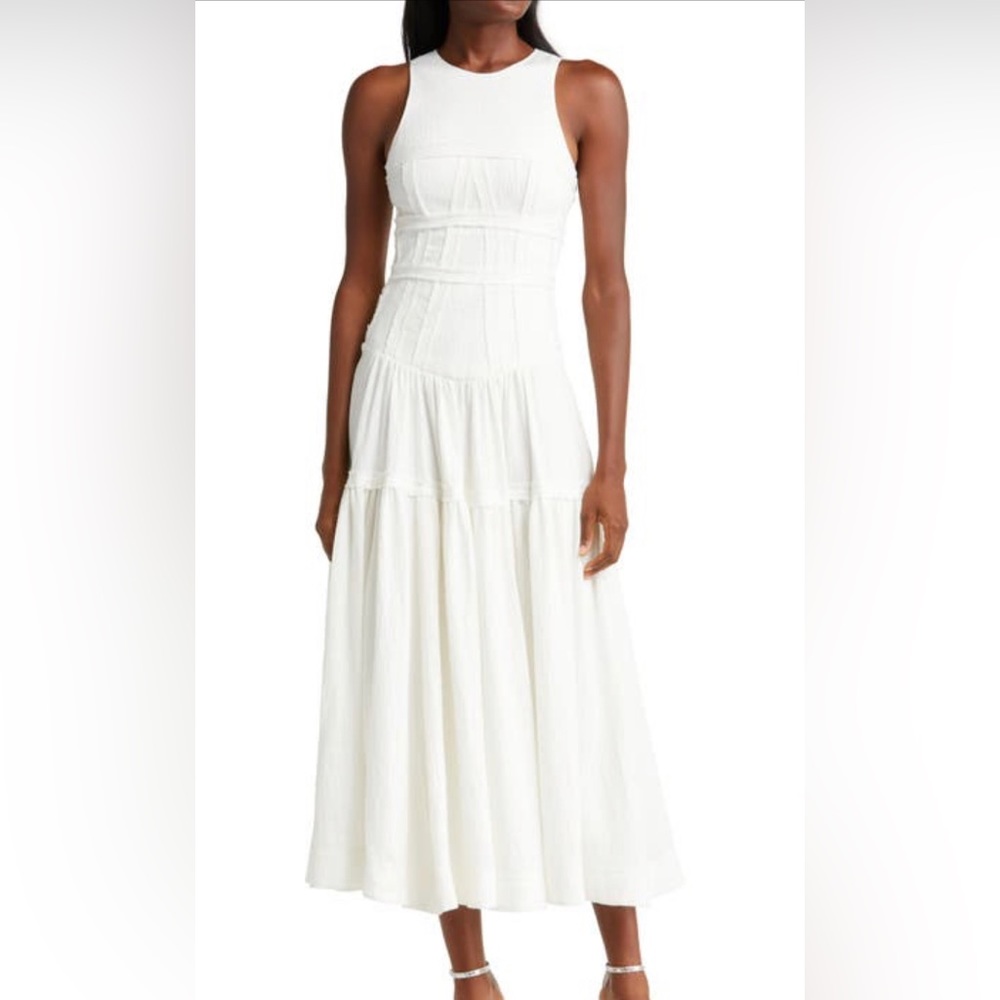 Aje Tidal Corset Linen Blend Midi Dress
